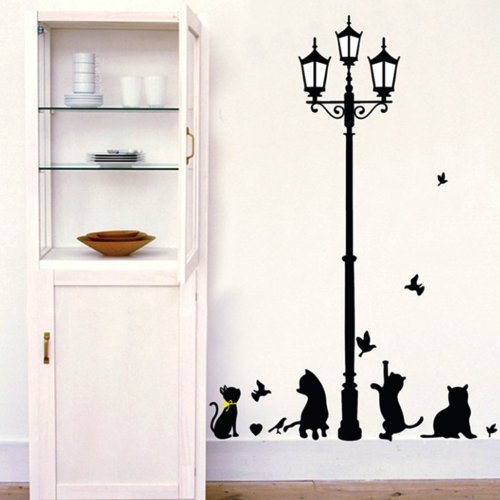 YESURPRISE New PVC Home Art Decor Mural Naughty Cats, Birds and Street light Lamp Post Wall Stickers Mural Art Decoration For Bedroom/Livingroom/Televison Removable Studyroom sofa Wallpaper Paper House Kids Boys Girls Room Decorative DIY Decoration