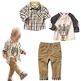 SOPO Toddler Boys Casual 3 Piece Set (T-shirt + Plaid Shirt + Khaki Pants) 1-5 Y
