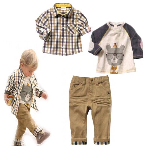 SOPO Toddler Boys Casual 3 Piece Set (T-shirt + Plaid Shirt + Khaki Pants) 5-6y