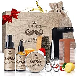 Kit Barbe Homme 8pcs GLAMADOR-Soins Entretien de Barbe-Kit Complet Huile,Baume,Shampoing,Peigne,Ciseaux,Peigne Pochoir,Brosse à Barbe avec Sac,Cadeau Coffret Anniversaire Noël à Papa/Mari/Amis