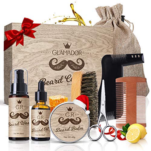 Kit Barbe Homme 8pcs GLAMADOR-Soins Entretien de Barbe-Kit Complet Huile,Baume,Shampoing,Peigne,Ciseaux,Peigne Pochoir,Brosse à Barbe avec Sac,Cadeau Coffret Anniversaire Noël à Papa/Mari/Amis