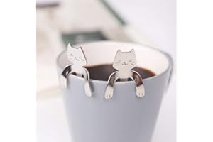 MEIN HERZ 4 Pz Cucchiaino da Caffè mini Cat Kitty Tazza di tè, Cucchiaino da Zucchero Condimento Dessert Antipasto Bistro, da Appendere, Cucchiaio da Cucina Gadget (Argento)