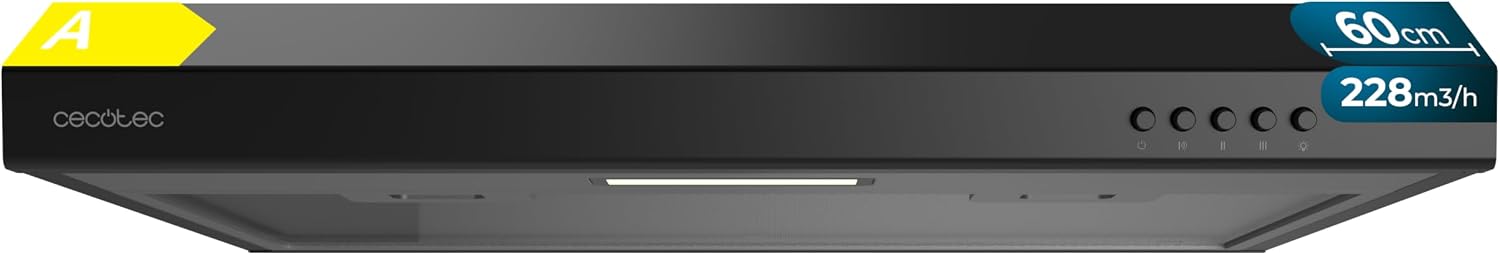 Cecotec Campana Extractora Convencional 60 cm Bolero Flux CM 602100 Black A. Acabado Pintado Negro, Succión 228 m³/h, 3 Velocidades, Filtro de Aluminio, Clase A, Motor BLDC y Luz LED