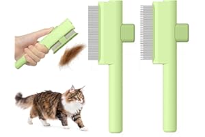 ‎MARCHUL Marchul Zestaw grzebieni do pielęgnacji zwierząt domowych, 2-częściowy, samoczyszcząca szczotka do pcheł, z przyciskiem zwalniającym, okrągłe zęby ze stali nierdzewnej, dla kotów i psów, zielona