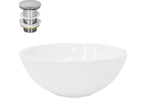 ML DESIGN MODERN LIVING ML-Design Lavabo in Ceramica Bianca Lucida Ø 28 x 11,6 cm Lavandino da Appoggio Rotondo Moderno Bacinella Lavamani per Bagno Lavello con Set di Scarico Standard Cromato