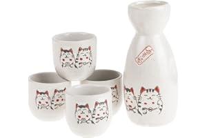 lachineuse - Service à Saké Chats Japonais - avec 4 Bols & Carafe - Verres à Saké Japonais Kawaii - Cadeau Vaisselle Asiatique - Service Saké Traditionnel Porcelaine Japon - Chat Maneki Neko - Blanc