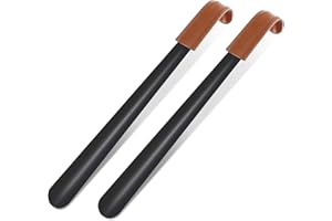 Kulamo Calzador de Acero Inoxidable, 2 Piezas Calzador de Metal 42cm con Mango de Cuero, Negro, Fácil de Utiliza, Metal Shoehorn para Hombres, Mujeres, Niños, Personas Mayores