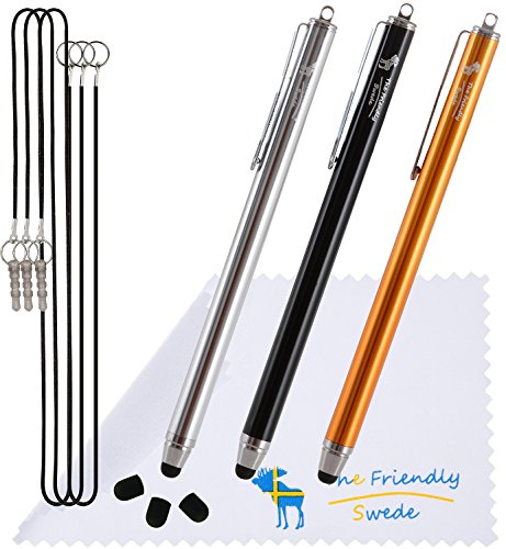[3 Stück] The Friendly Swede Touchscreen-Eingabestift Stylus mit dünner Spitze, 3x Ersatzspitzen, 2x Anhängern und Reinigungstuch