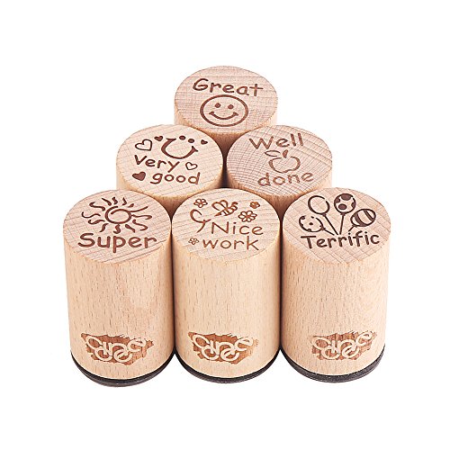 ccinee 6 rund Holz Gummi Stempel für Schule Lehrer English Toy Briefmarken - 4