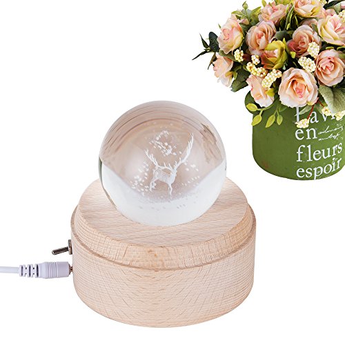 Lingkai 3D Nuit Illusion Lampe Cristal Ball LED Veilleuses Enfants Lampe Cadeau Enfants LED Lampe de chevet Lampe de bureau avec Support Bois Câble USB Écologique(wapiti)