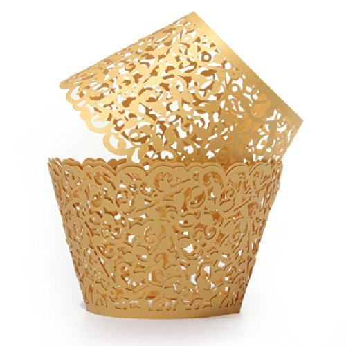 Baloray Cupcake-Papier, filigran, Spitze, mit Laser geschnitten, für Hochzeit, Geburtstag, Party-Dekoration, flower Gold, 50pcs