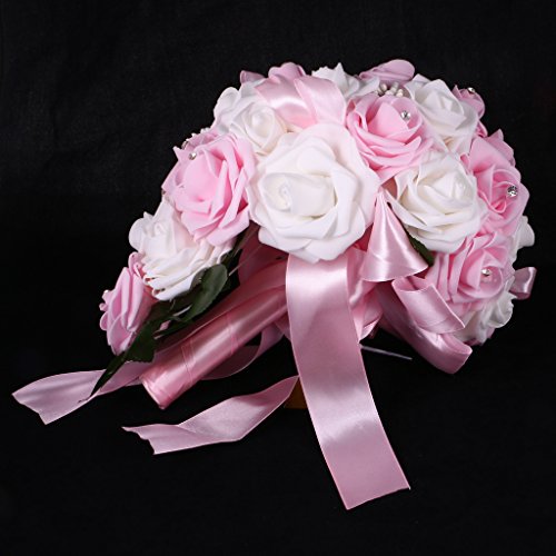 MagiDeal Kunstblumen Künstliche Tropfen Schaum Rose Kunstblumen Hochzeit Blumen Dekor Bouquet – Weiß und Rosa, 25 x 26 cm - 2