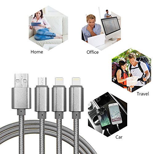 Multi USB Kabel, 3 in 1 Lightning & Micro USB Nylon geflochtenes Ladekabel mit 8 Pin Lightning / Micro USB 2.0 Anschlüsse für iPhone 6 / 6S plus / 5 / SE, iPad Air / mini, Android-Geräte(2 Lightning& 1 Micro-Silber) - 4