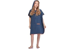 FLYILY Poncho de toalla cambiadora con capucha, peso ligero, de microfibra, para surf con bolsillo, para adultos y niños, toalla cambiadora de natación (azul marino, talla S (para niños))
