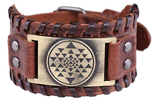 Vintage Talisman heilige Sri Yantra Meditation mystische Diagramm Charme einstellbar braun Armband Schmuck für Männer Frauen (braunes Leder, antike Bronze)