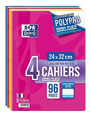 Oxford Openflex Lot de 4 Cahiers Agrafes 24x32 96p 90g Grands Carreaux