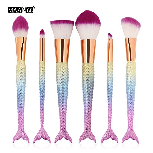 6 Pcs Mermaid Makeup Brush Set Synthetic Kabuki Foundation Blending Blush Eyeliner Face Powder Brush Makeup Brush Kit Beauty Cosmetic Tools (Pink)