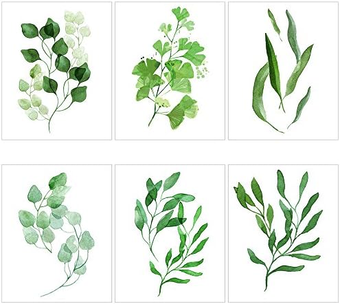 Modern Poster Print Green Leaves Wall Art Decor Botanical Plants Pop Watercolor Painting Leaf 6pcs