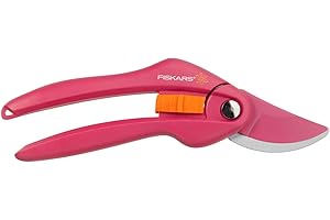 Fiskars Sécateur à lames franches, Longueur: 20 cm, Diamètre de coupe: 2,2 cm, Lames en acier au carbone avec revêtement antiadhésif/Poignées en plastique renforcé de fibre de verre, Rose/Orange, Inspiration, Ruby, P26, 1003657