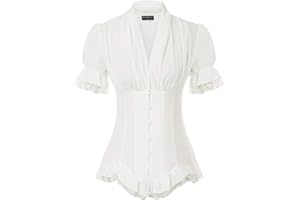 SCARLET DARKNESS Blouse Elégante Gothique Manche Courte Col en V Boutonné Plissée Chic