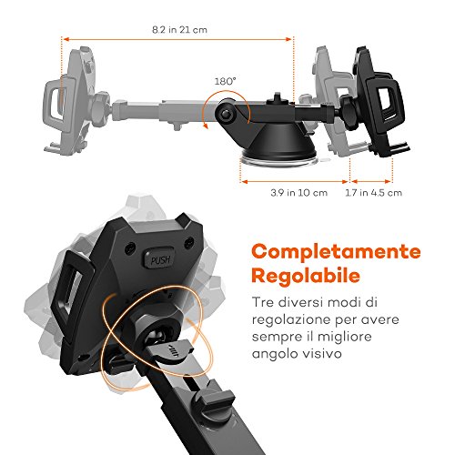 Supporto Auto Smartphone TaoTronics Porta Cellulare Auto con Tasto Posteriore di Rilascio Automatico, Supporto per Auto (Base Retrattile e Regolabile, Perno Regolatore Aggiustabile, Ventosa Larga e Piatta, 3 Modi per Regolare, Compatibile con iPhone, Galaxy e gli Smartphone PiÃ¹ Comuni) per iPhone 7 / 6 / 6s / 5s / 5 , Galaxy Note 8 / S8, HUAWEI, Xiaomi, One Plus ecc