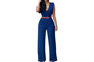 Minetom Femme Casual Col V sans Manches Jumpsuit Rompers Irrégulier Taille Haute Longues Pantalons Ensembles avec Ceinture