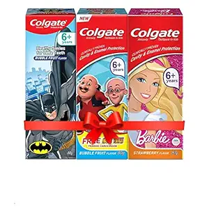 Colgate Kids Oral Care Variety Pack (for 6+ Years) ? Motu-Patlu, Batman (Bubble Fruit) & Barbie (Strawberry) Toothpastes, 80g each