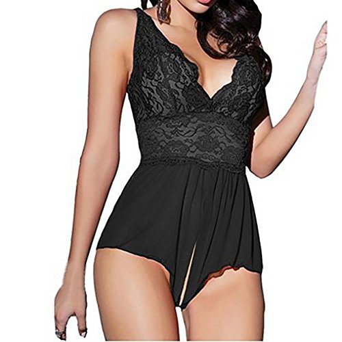Preisvergleich Produktbild Sannysis Reizvoller Damen Große Größe Lingerie Einfarbig Perspektive Sleepwear Spitze Pyjama Kabellos Unterwäsche Puppe Nachtwäsche Öffne den Schritt Bowknot Bodysuit (XXL, Schwarz)