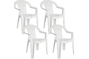 Solycarpa Lot de 4 chaises de jardin d'extérieur en plastique empilable avec accoudoirs pour jardin, terrasse, plage et camping - Chaise ergonomique en PVC, confortable et résistante (blanc)