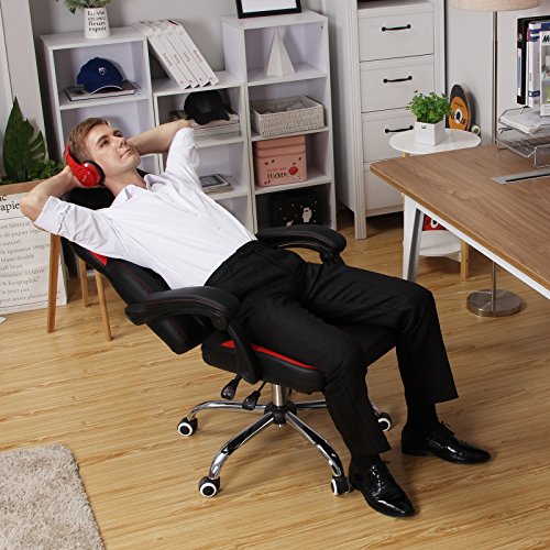 SONGMICS Silla de oficina con respaldo alto, Reposapiés y apoyo lumbar, Altura ajustable, Silla de videojuegos ergonómica, Negro y rojo, OBG72R