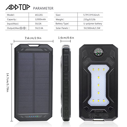 Caricabatterie Solare 12000mAh ADDTOP Solare Power Bank con 2 Porte USB Batteria esterna portatile LED Torcia per Smartphone,Tablet,iPhone,Samsung, Huawei, HTC, LG, Nexus,