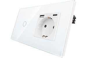 CNBINGO Touch Lichtschalter mit Schuko Steckdose mit USB Ports (Typ-C und Typ-A 3,1 Amp total) - USB Steckdose unterputz - Glas Wandschalter einfach in Weiß - mit Status-LED - 500W/Fach