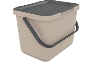 SUNDIS Loops, pattumiera per la raccolta differenziata 6L, rettangolare, in plastica riciclata tortora, con coperchio e manico, ideale per rifiuti organici, per cucina, mensa, ristorante, sala pausa