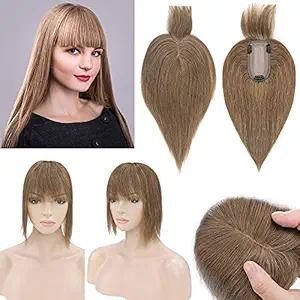 SEGO 150% Density Human Hair Toppers for Women With Bangs Silk Base 100% Remy Human Hair Pieces Clip in Crown for Slight Hair Loss Thinning Hair Cover Gray Hair -12 Inch Light Brown