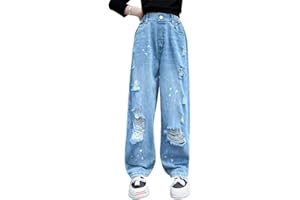 ORANDESIGNE Mädchen Jean Hosen Loch Denim Blau Jeans Vintage Hose mit Weitem Bein für Kinder Fit Beiläufig Lose Gerade Jeanshosen Freizeithose Streetwear