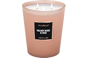 AROMA NATURALS Aromas Naturals Vela perfumada, vela en tarro de 943 g/33,3 oz, 130 horas de combustión prolongada, velas de aromaterapia de soja natural, 3 mechas de algodón (rosa de terciopelo y oud)