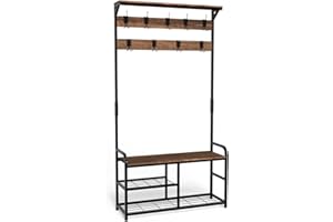 VOUNOT® Stand Appendiabiti da Terra con Panca Scarpiera a 3 Ripiani, Attaccapanni Autoportante Mobile Ingresso Corridoio 9 Ganci Rimovibili, Design Moderno Industriale 85x33x185cm