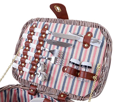 Picknickkorb-Set für 2 Personen, Picknicktasche Weiden-Korb, Porzellan Glas Edelstahl, weiß-rot - 5