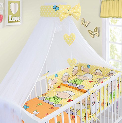 LUXURY 10Pcs BABY BEDDING SET COT PILLOW DUVET COVER BUMPER CANOPY to Fit Cot Size 120x60cm 100% COTTON (Sheep Yellow)