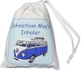 Personalised - Inhaler & Small Spacer Bag - Blue VW Camper Van Design - 14x20cm Cotton Drawstring Bag - EMPTY