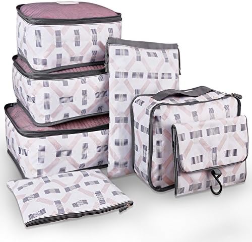 7 Set Packing Cubes Polyester Travel Luggage Organizers , 3 packing cubes + 1 underwear bra organizer + 1 shoe bag + 1 pouch + 1 hanging toiletry bag, Premium quality and smooth feel (7set)