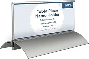 EUROPEL Porte-nom de table, Acrylique transparent, 61x150mm, Base Aluminium, Lot de 2