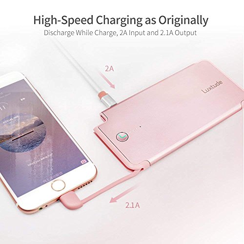 Luxtude Ultra Mince l  g  re Batterie Externe de Secours 5000mAh Lightning C  ble Int  gr   Charge Rapide en Alliage d Aluminium Power Bank iphone 5 6 7 8 6S Plus X iOS  Or Rose 