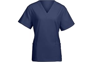 AUYAO Womens Hospital Uniform Nurse Top Uniforms Scrub Top, Pink/White Nurse Uniform Workwear Doctor Nurse Dress, V Neck Line Regular Fit Top with Short Sleeves for Dental Nurse Vets Elderly Carers
