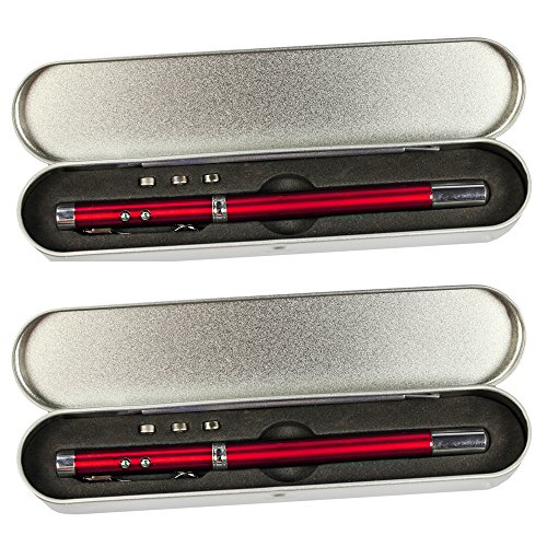 COM-FOUR® 2x 4-in-1 Kugelschreiber LED Lampe Zeigestab in Alu Geschenkbox (Rot - 2 Stück)
