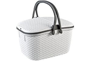 STOLMET Large Rattan Effect Picnic Basket - Locked Cover 30 Little - with two Handles & Clip Down Flaps - Storage Chest Picnic Basket, Carry Bag, Shopping Basket, Basket with Handle (White-Gray)