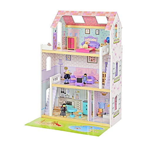 Children's Kids Emily Wooden Doll House 3 Story Play Set Toy House with Furniture, Accessories, Stairs and Balcony