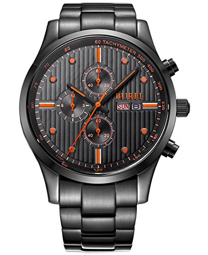 BUREI Herren Armbanduhr Chronograph Tages und Datumsanzeige Edelstahlband BUREI Herren Armbanduhr Chronograph Tages und Datumsanzeige Edelstahlband