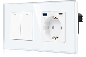 CNBINGO Włącznik światła z gniazdkiem Schuko, 2 gniazda, 1 drożny, szklane gniazdko podtynkowe z USB (typ C i typ A 3,1 A łącznie 3,1 A) nowoczesna płyta ścienna ze szkła kryształowego z punktami
