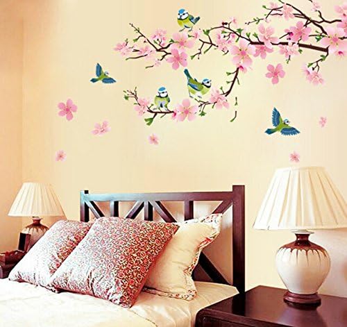 Pink Peach Blossom Flowers Wall Sticker House Decal Removable Living Room Wallpaper Bedroom Kitchen Art Picture PVC Murals Sticks Window Door Decoration + 3D Frog Car Sticker Gift